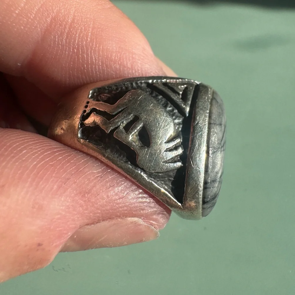 Tourmalinated Quartz and Kokopelli 925 Sterling Silver Navajo Ring Size 9.5 12g